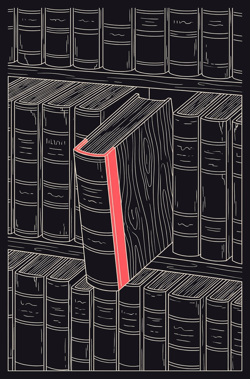 A row of bound legal volumes; one, half pulled from the shelf, is a solid wooden dummy with only a printed spine.
