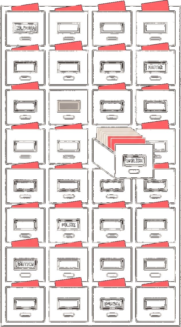 A card catalogue where only the drawer labeled English is open and nearly empty, while the closed drawers for other languages bulge with paper.