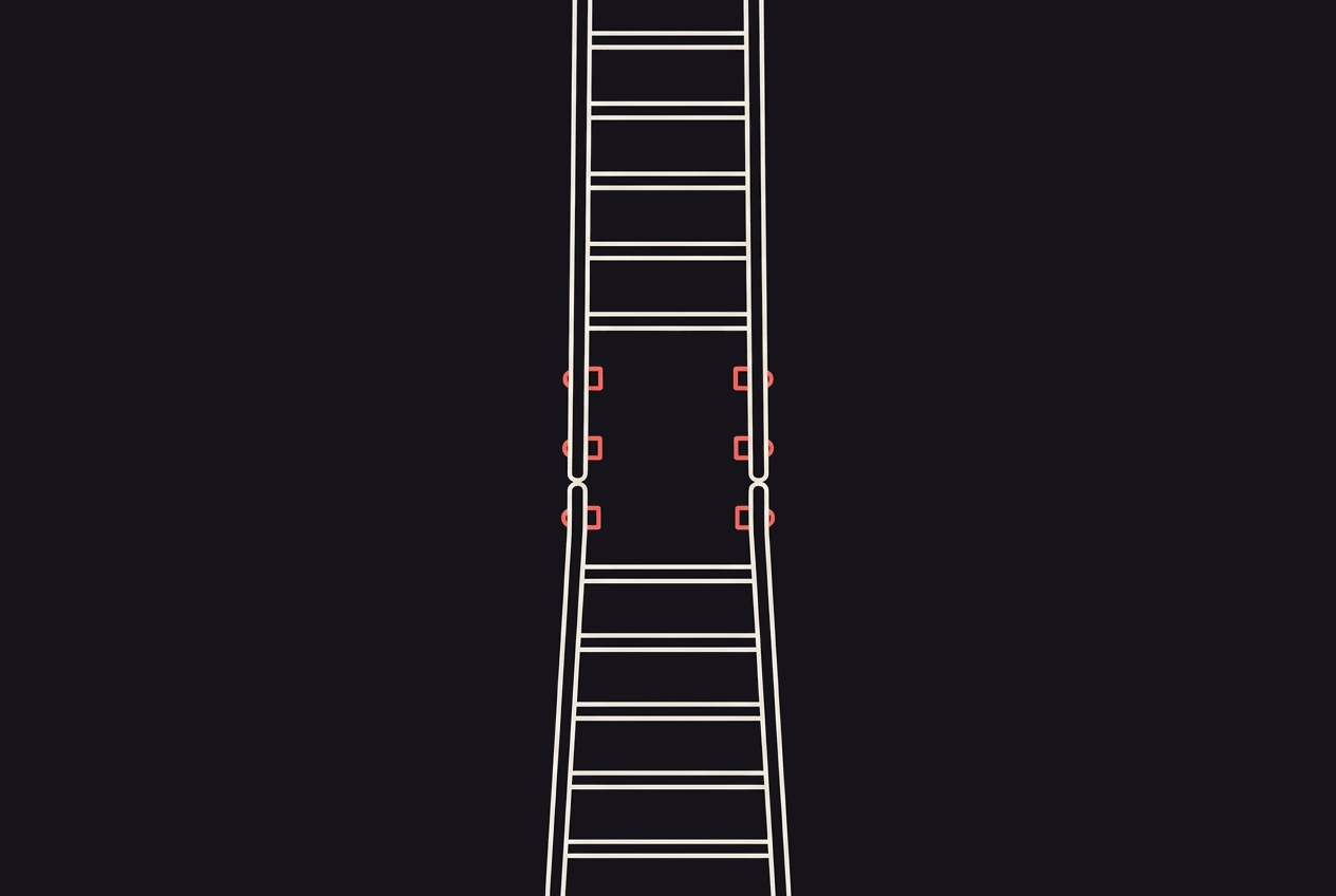 A tall ladder with intact rails and complete rungs top and bottom, but three consecutive rungs missing in the middle.