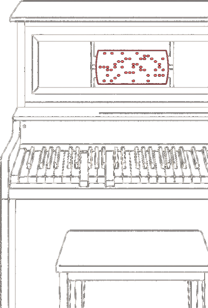 An upright player piano playing by itself, keys pressed down and punched roll turning, in front of an empty bench.