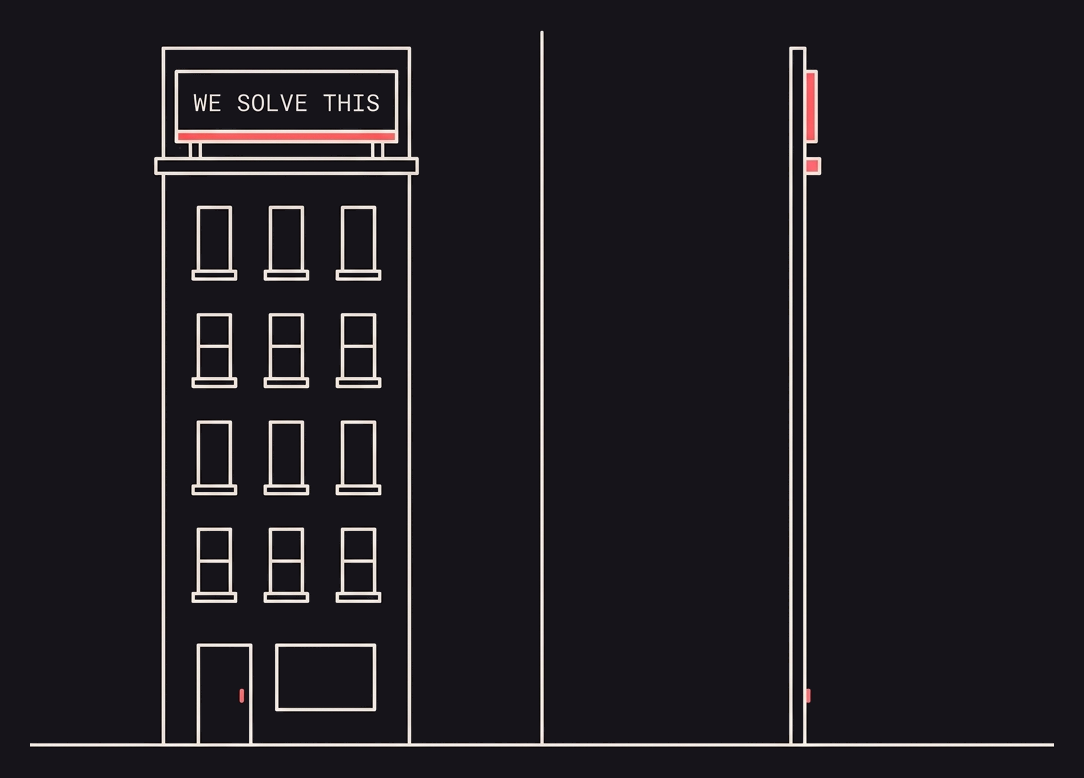 A two-panel image shows the same building as a convincing office frontage from the front and as a paper-thin edge from the side.