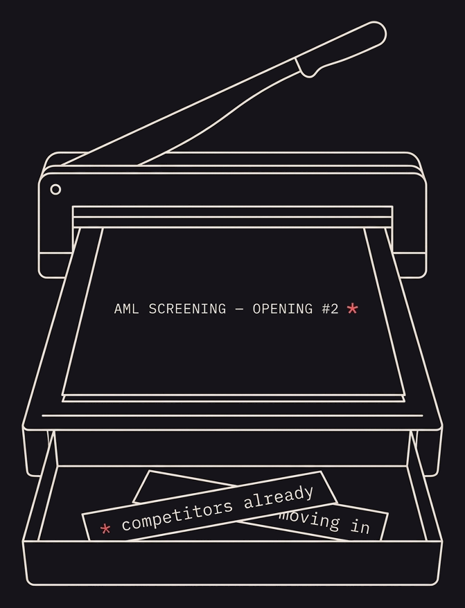 A guillotine paper cutter has trimmed a page keeping a ranked market opening; the severed strip in the tray holds its warning footnote.