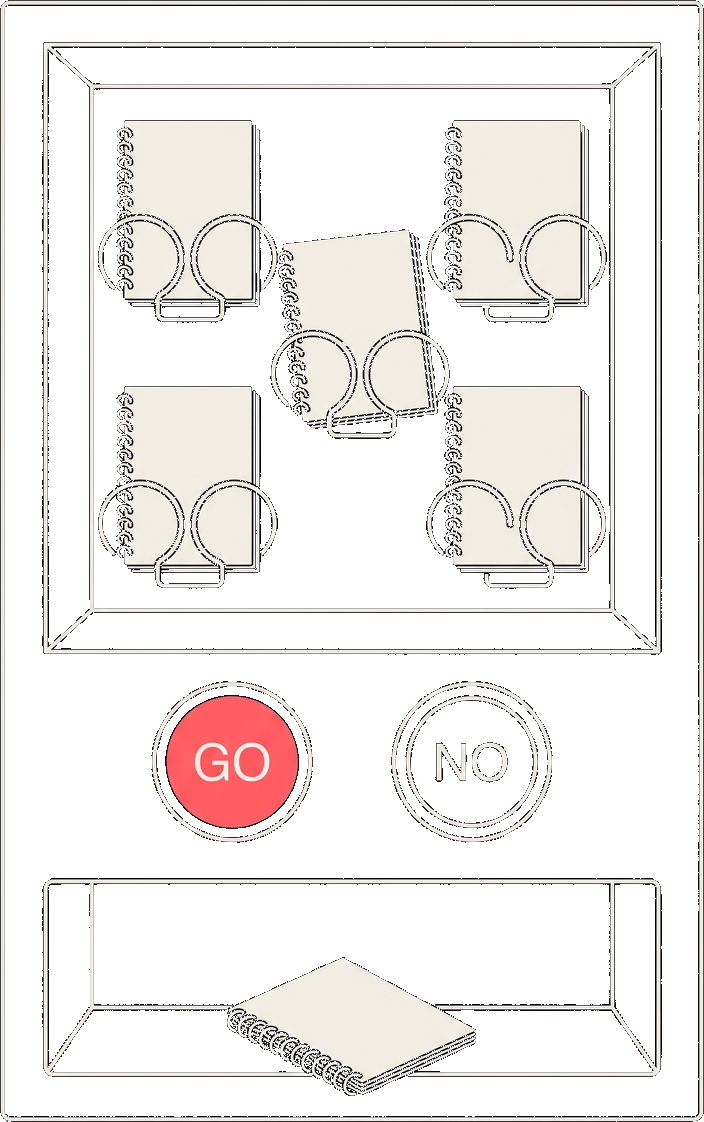 A vending machine stocked with identical bound reports has two buttons, GO and NO; GO is lit and a report waits in the tray.