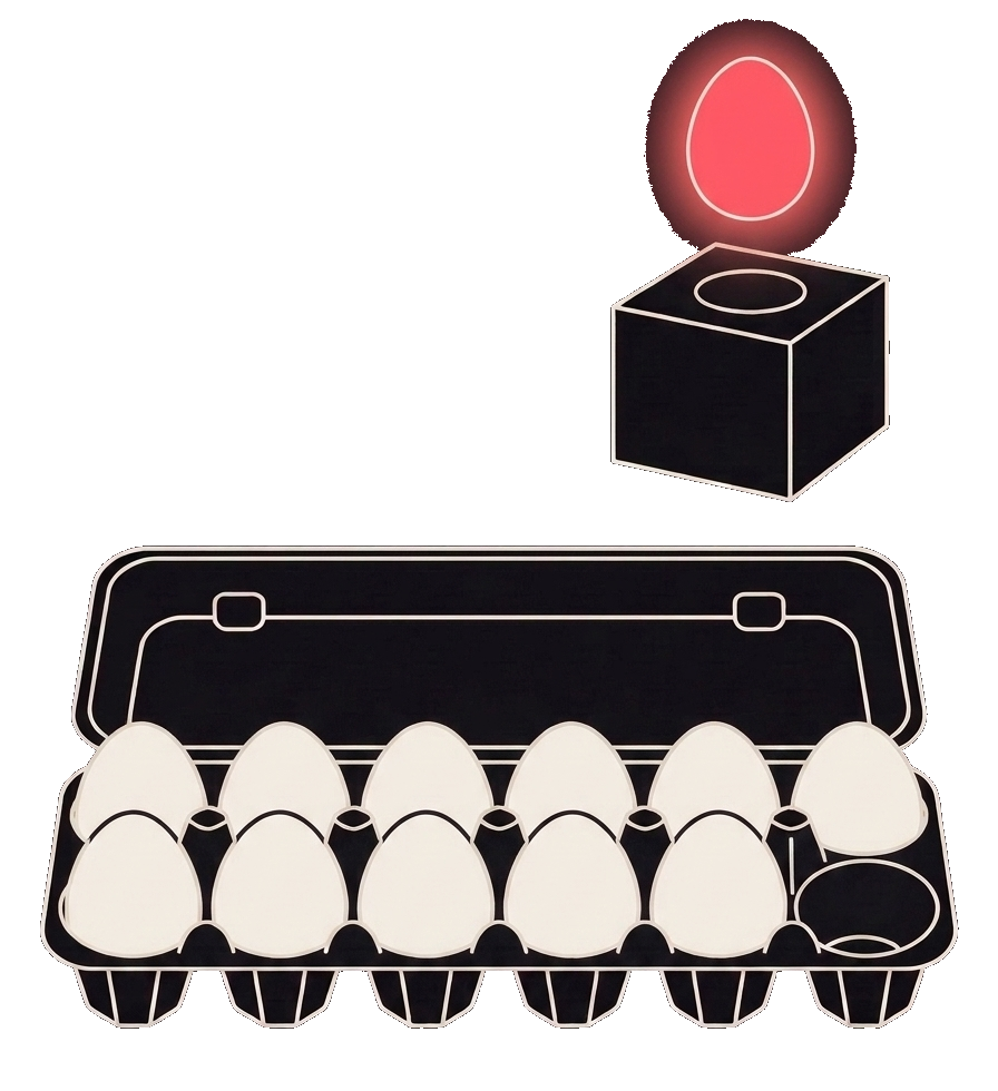 Eleven white eggs in a carton; the twelfth, held over a candling lamp, glows red.