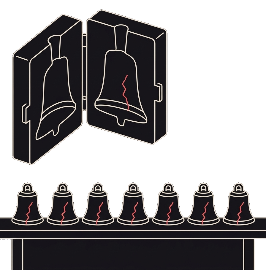 An open bell mould with a crack marked in its cavity, and a row of seven cast bells on a bench, each carrying the same crack.