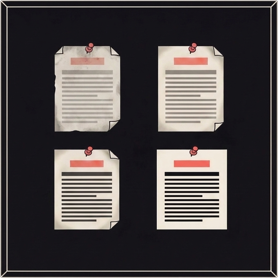 Four identical notices pinned two by two on a board, the oldest faded and curled, the newest crisp.