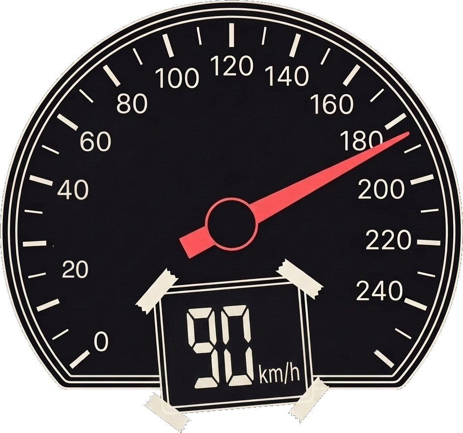 A car speedometer whose needle points at 180, with a small digital display taped onto the glass reading 90 km/h.