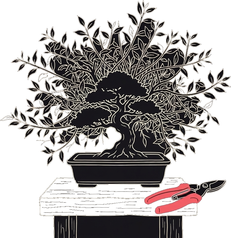 An overgrown bonsai with long shoots in every direction, closed pruning shears lying unused beside its pot.