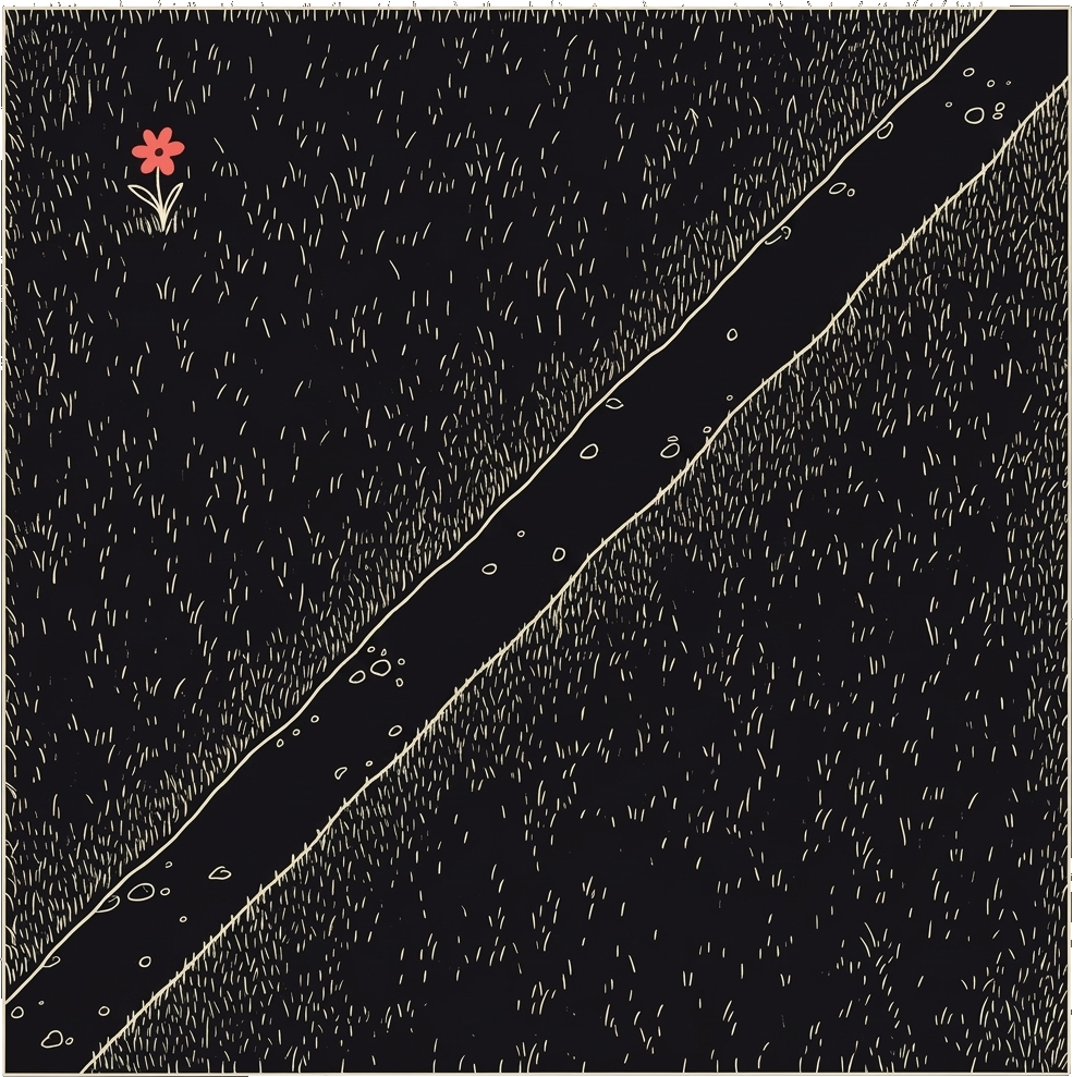 A square lawn seen from above, thick with grass except for one bare, dark path worn straight through it, and one red flower far from the path.