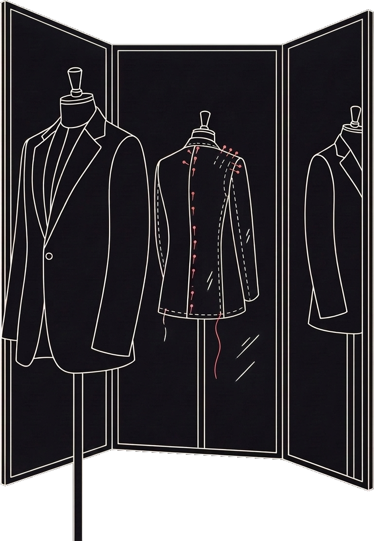 A jacket on a tailor's dress form, turned slightly away; the smaller reflection in the mirror behind it shows its back still full of pins.