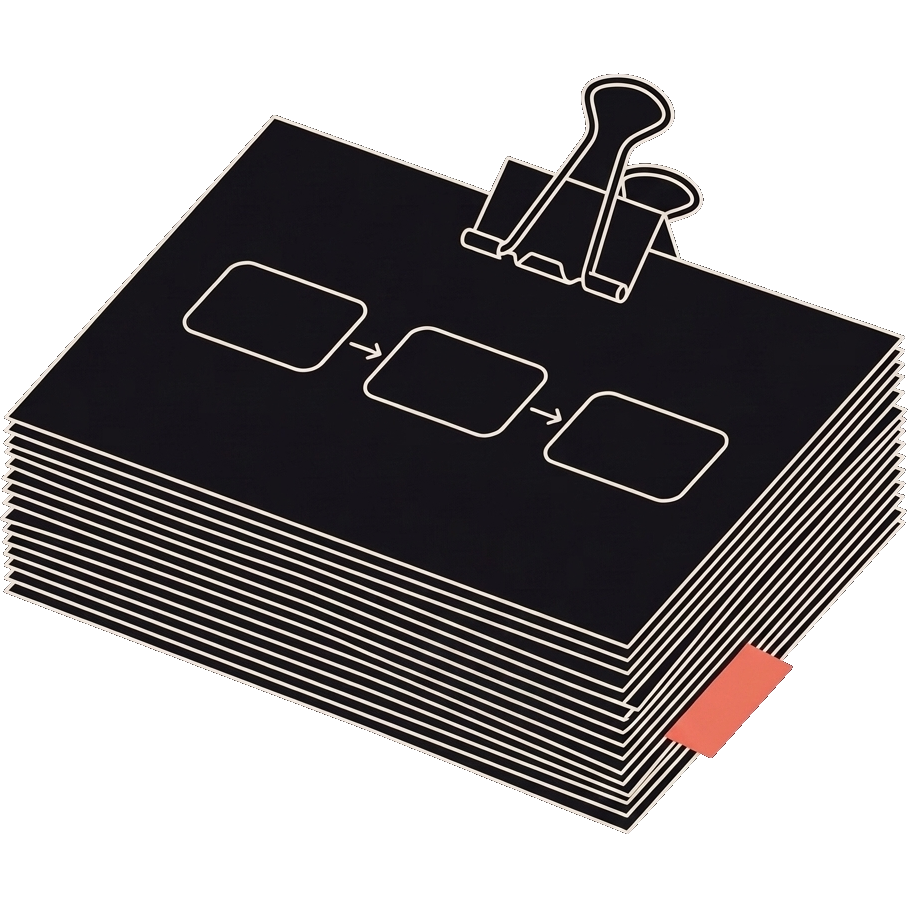 A clipped stack of printed slides with a curled top corner and one red tab marking a section.